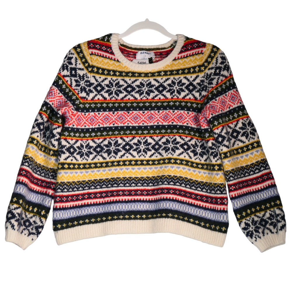 Old Navy Sweater Women Medium Blue Multi Fair Isle Cropped Soft Nordic Ski